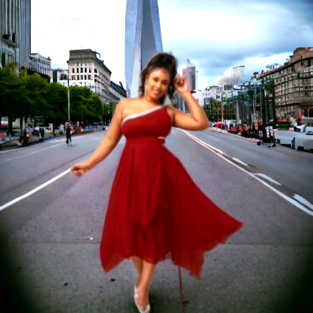 2/$50 Rosewe Asymmetric Hem One Shoulder Red Wine Sheer Underlined Dress, 1X